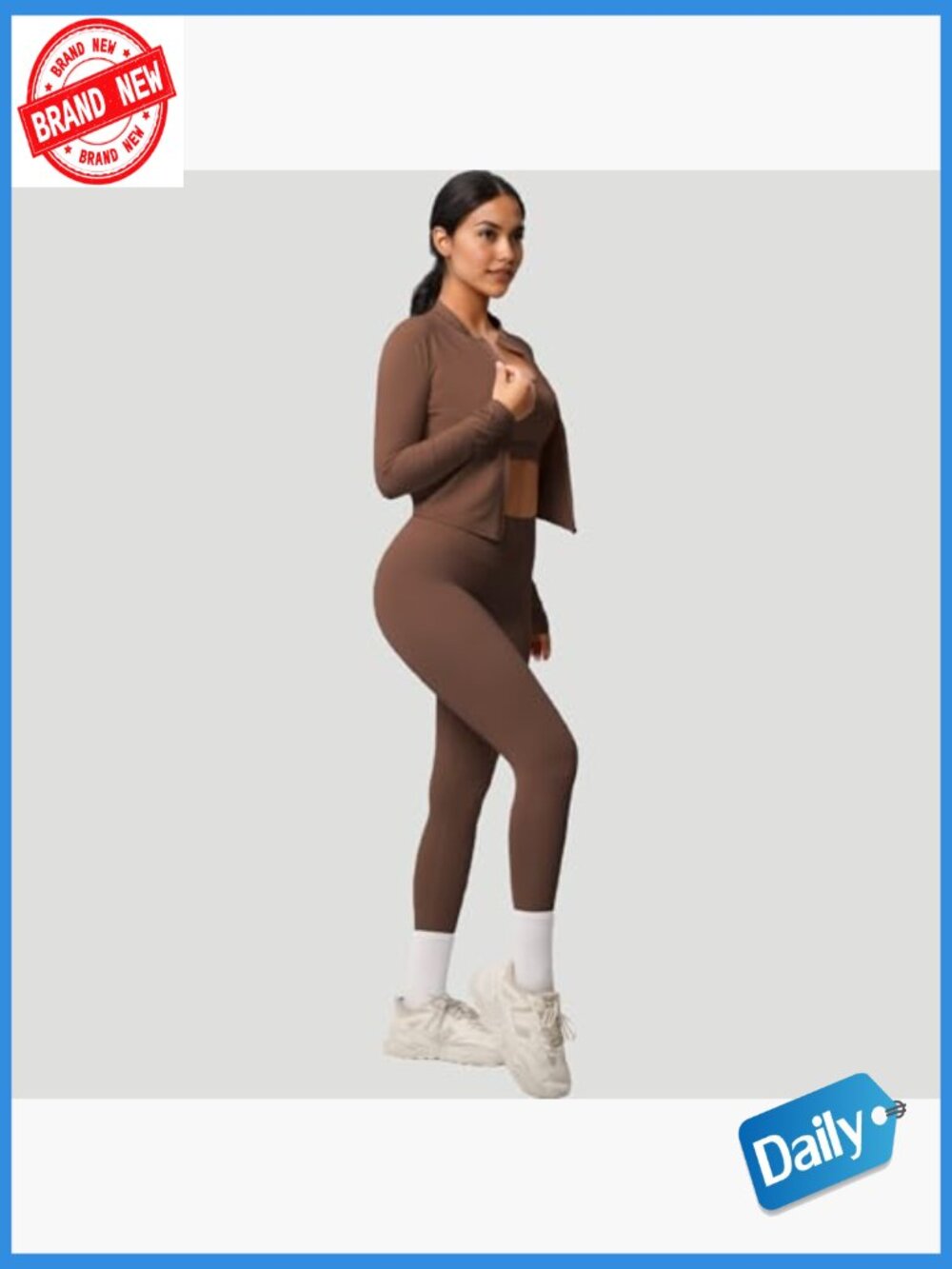 3 Piece Workout Set: Zip-Up Jacket, Sports Bra & High-Waist Leggings, Stretchy - Picture 3 of 7